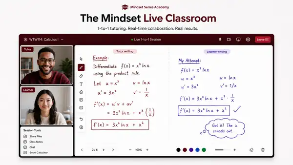 Mindset live classroom showing a tutor and learner working on a shared whiteboard.